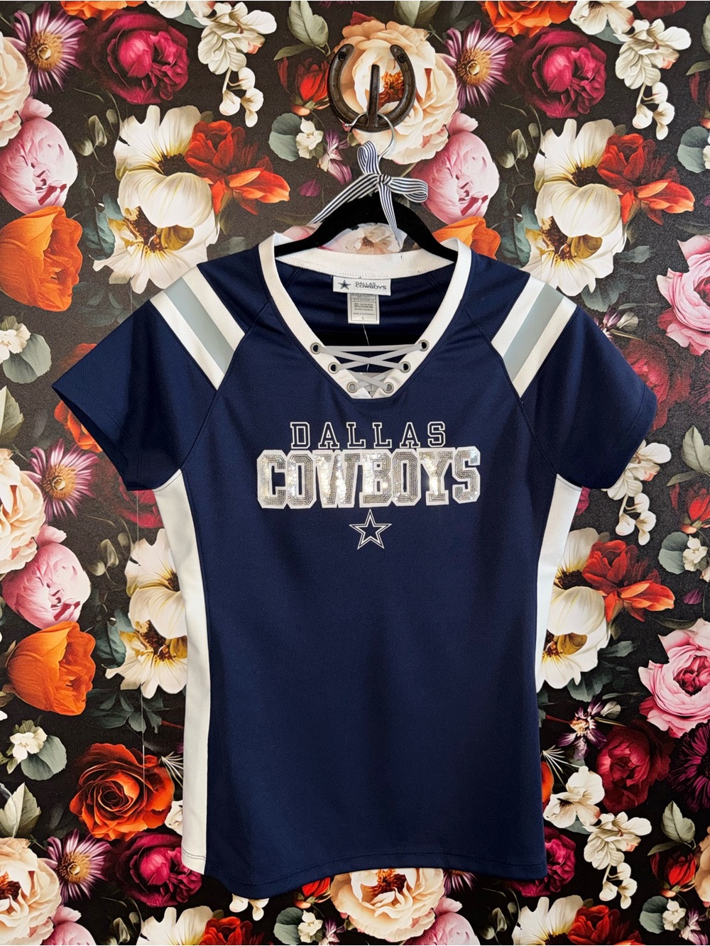 NWT Authentic NFL Dallas Cowboys Navy and White Lace-Up Jersey with Sequins, L